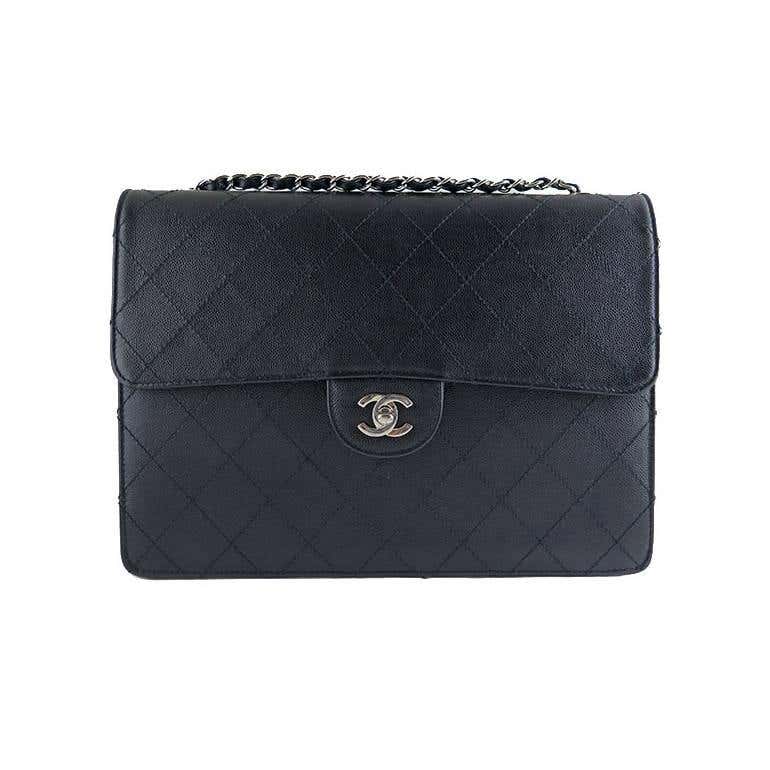 Chanel Caviar Jumbo Black 2.55 Classic Silver Hardware Flap Bag For ...