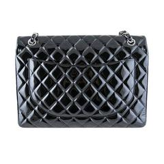Chanel Maxi Jumbo Black Patent 2.55 Classic Flap Silver Hardware Evening Bag