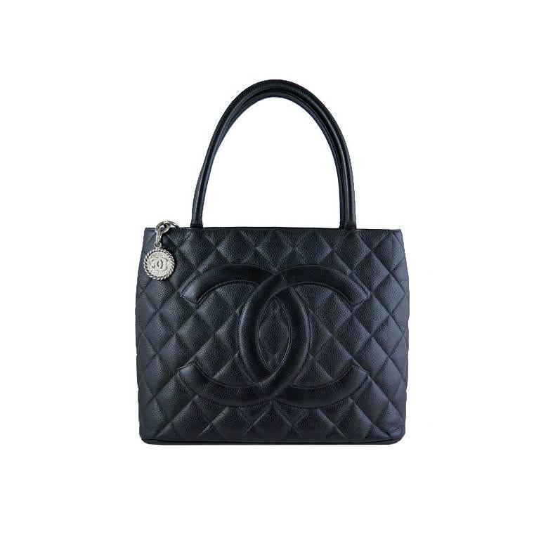 Chanel Caviar Black Medallion Silver Hardware Shoulder Tote Bag For Sale