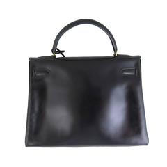 Hermes Kelly 32 Black Boxcalf Leather Gold Hardware Vintage Purse
