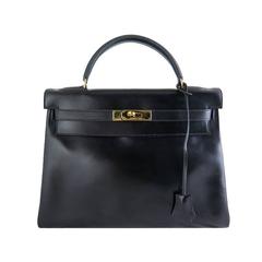 Hermes Kelly 32 Black Boxcalf Leather Gold Hardware Vintage Purse