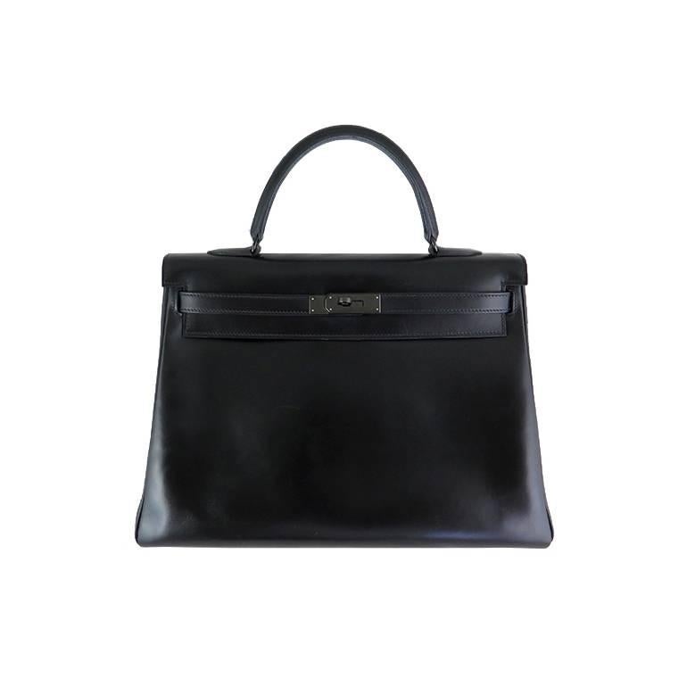 Hermes So Black Kelly 35 Boxcalf Leather Black Hardware - Rare For Sale