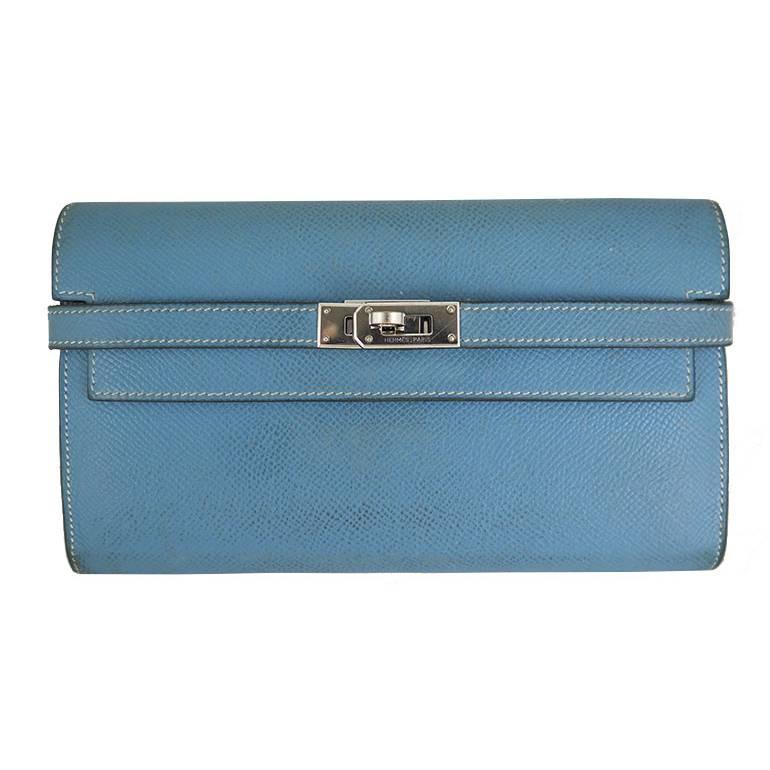 Hermes Kelly Long Wallet Blue Jean Epsom Leather Palladium Hardware For Sale
