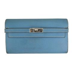Hermes Kelly Long Wallet Blue Jean Epsom Leather Palladium Hardware