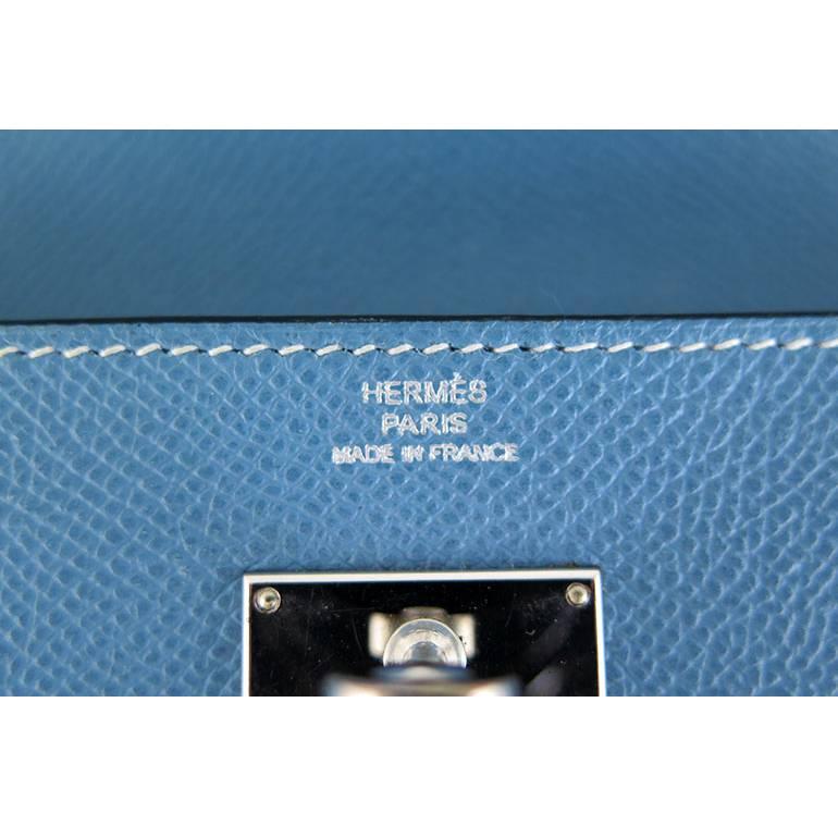 Women's or Men's Hermes Kelly Long Wallet Blue Jean Epsom Leather Palladium Hardware For Sale