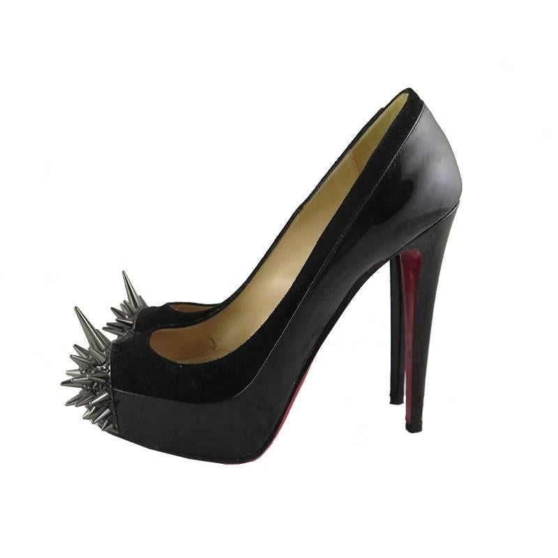 Christian Louboutin Asteroid 140 Black Suede Patent Leather Pumps In Excellent Condition For Sale In Singapore, SG
