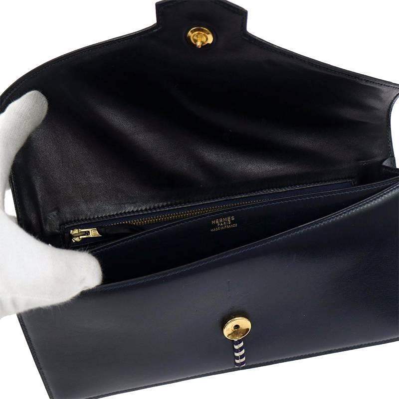 Hermes Vintage Navy Boxcalf Leather Evening Clutch Purse In Excellent Condition For Sale In Singapore, SG