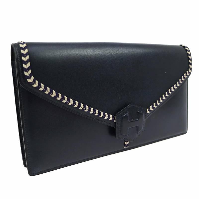 Hermes Vintage Navy Boxcalf Leather Evening Clutch Purse For Sale