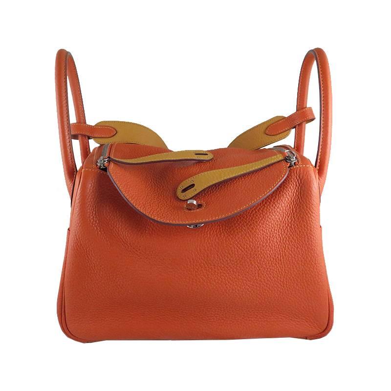 Hermes Lindy 30 Eclat Bicolor Orange Moutard Clemence Leather Bag - RARE For Sale