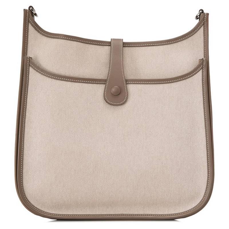 Brown Hermes Etoupe Leather Toile Evelyne II GM Shoulder Crossbody Bag For Sale