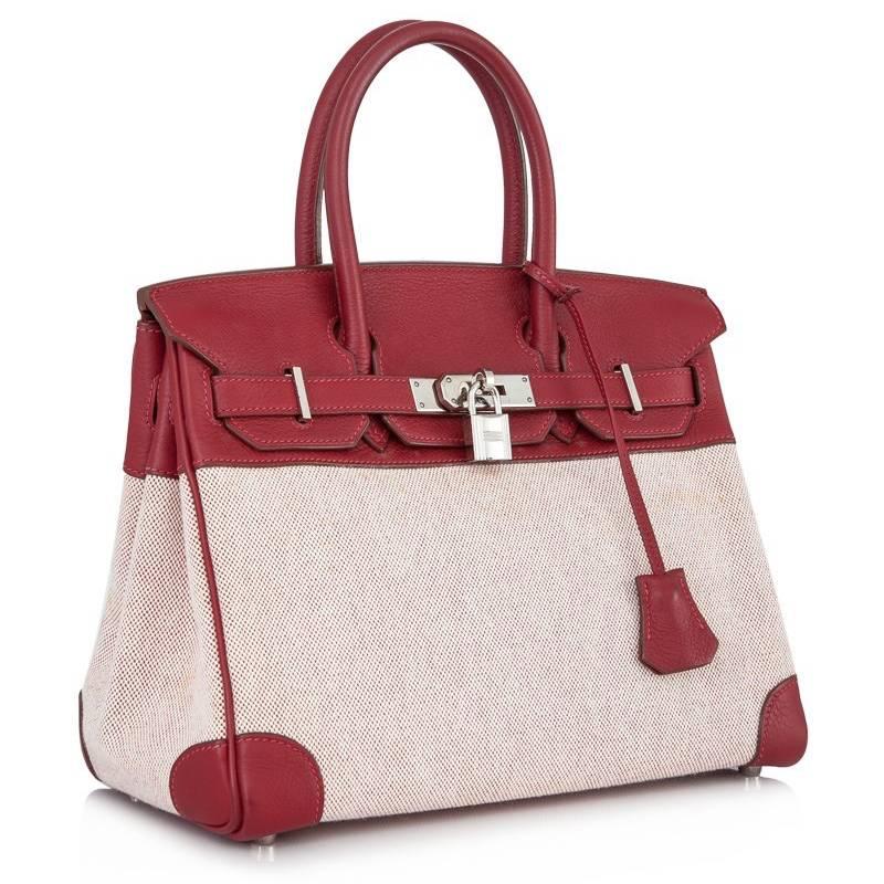 Gray Hermes Red Toile H Taurillon Clemence Birkin 30cm - Rare For Sale