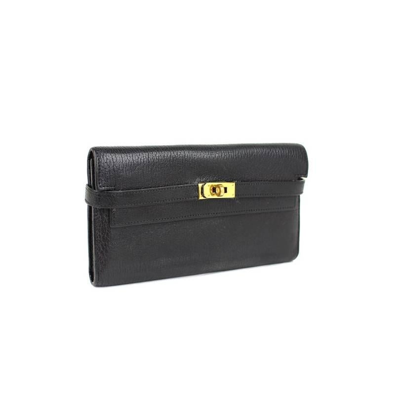 Hermes Kelly Wallet Black Chevre Mysore Leather Clutch For Sale