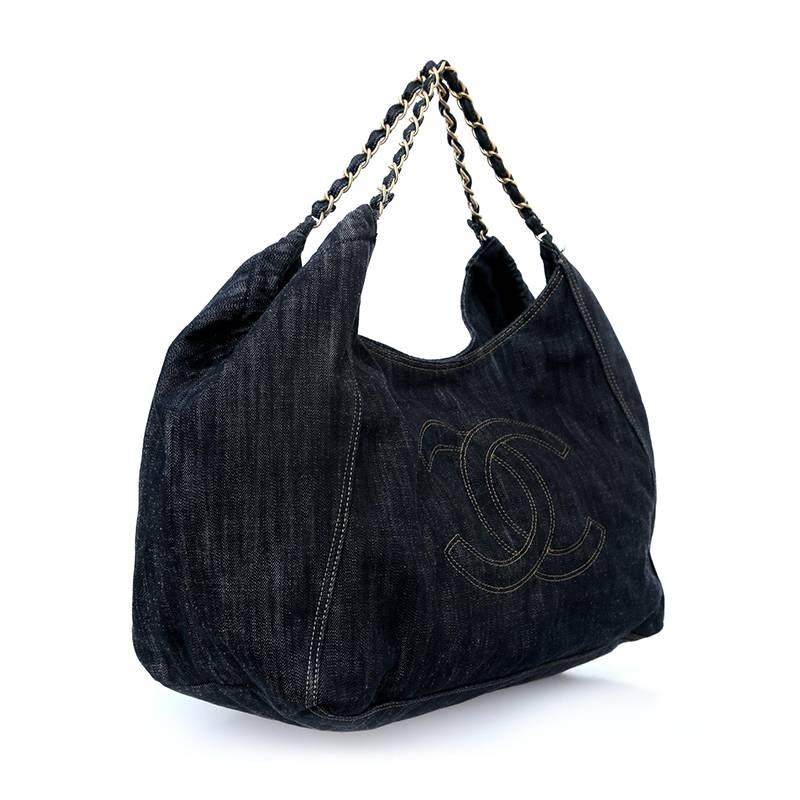 Black Chanel Denim Jumbo XL Coco Cabas Shoulder Tote Overnighter Bag For Sale