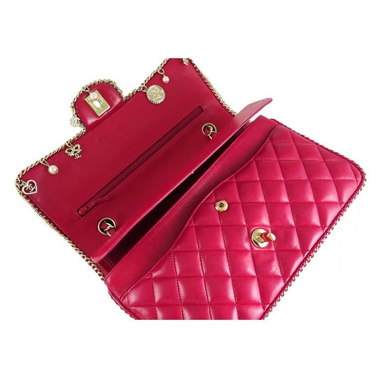 Chanel Red Lambskin Medium 2.55 Double Flap Charms Limited Edition - Rare In Good Condition For Sale In Singapore, SG