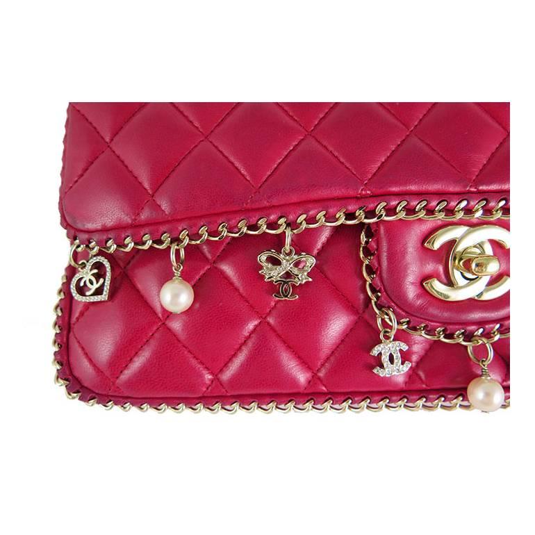 Chanel Red Lambskin Medium 2.55 Double Flap Charms Limited Edition - Rare For Sale 2