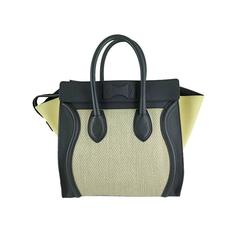 Celine Mini Bicolor Black Leather Cream Tweed Luggage Tote