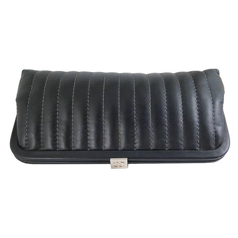 Chanel Black Lambskin Mademoiselle Evening Clutch Purse In Excellent Condition For Sale In Singapore, SG