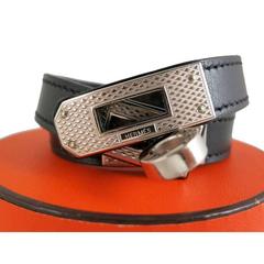 Hermes Black Kelly Double Tour Silver Guilloche Hardware Bracelet Bangle - Rare