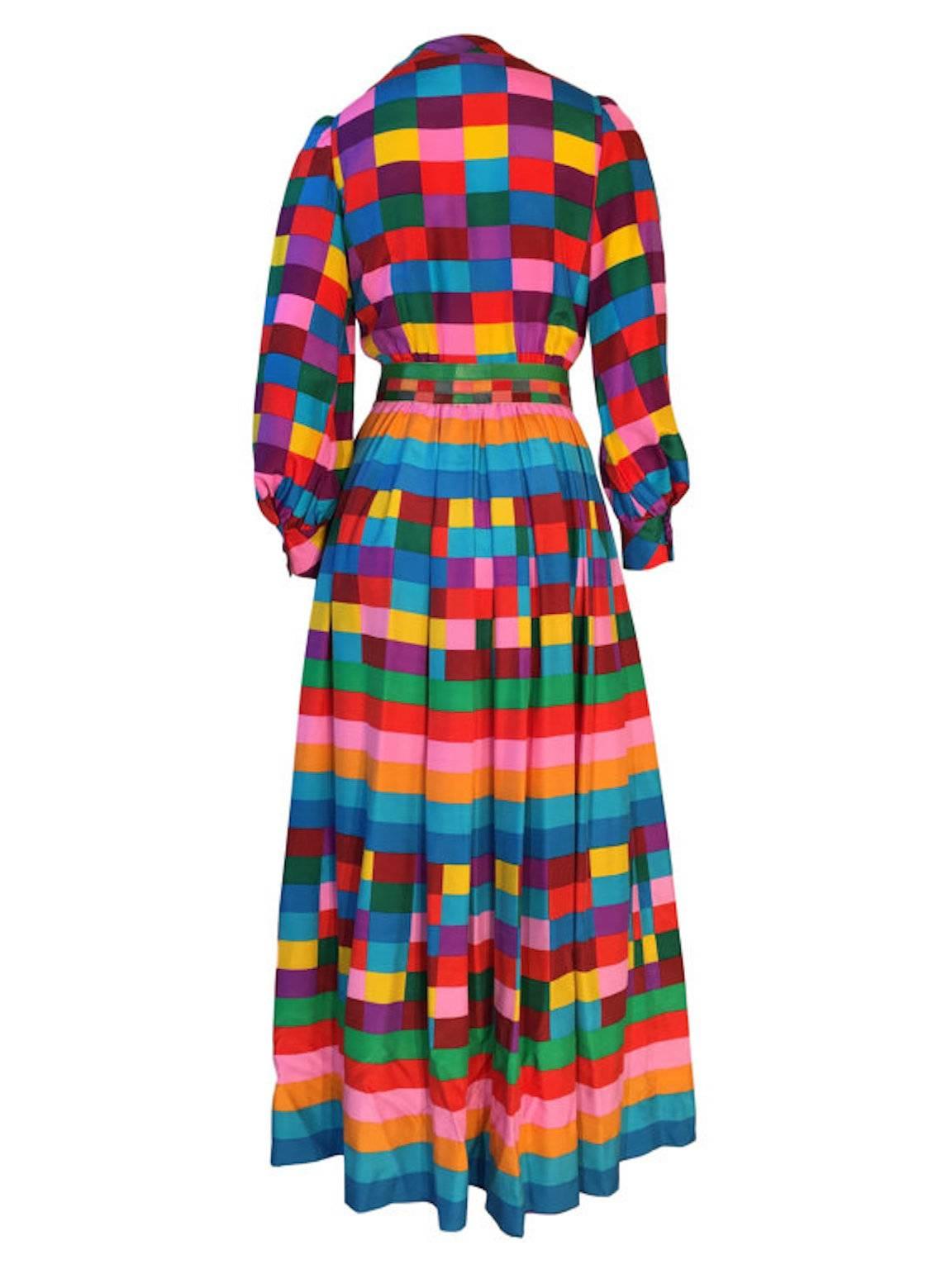 Vintage 1970s Valentino Boutique Colour Block Maxi Dress. Made from silk, buttons at the front,with long sleeves and fitted cuffs, has original leather belt with gold tone metal buckle. This design was relaunched by Valentino in 2015 named