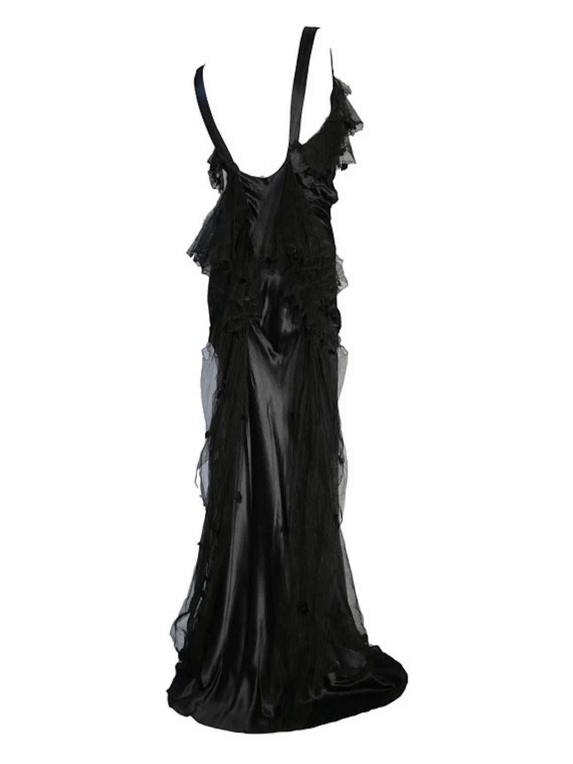 A rare piece of British couture. Victor Stiebel original Art Deco 1920's satin silk full length bias cut gown, with polka dot mesh trim, silk chiffon lining at top part of dress, and hook and eye fastening. 

Size UK 8/10 Measures: 17 inches