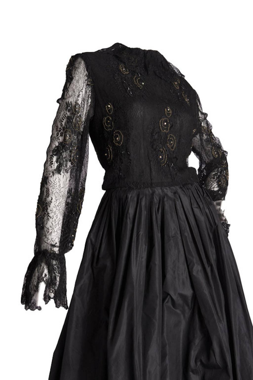 Couture Paul-Louis Orrier Vintage Black Lace Long Sleeve Maxi Cocktail Dress UK  In Excellent Condition For Sale In Portsmouth, Hampshire