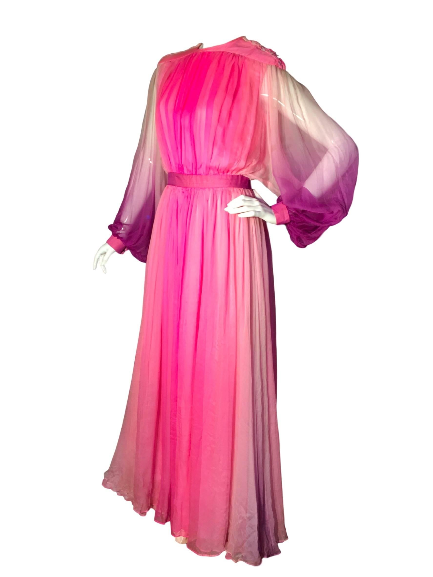 Pink Norman Hartnell Vintage Silk Chiffon Grecian Maxi Dress 