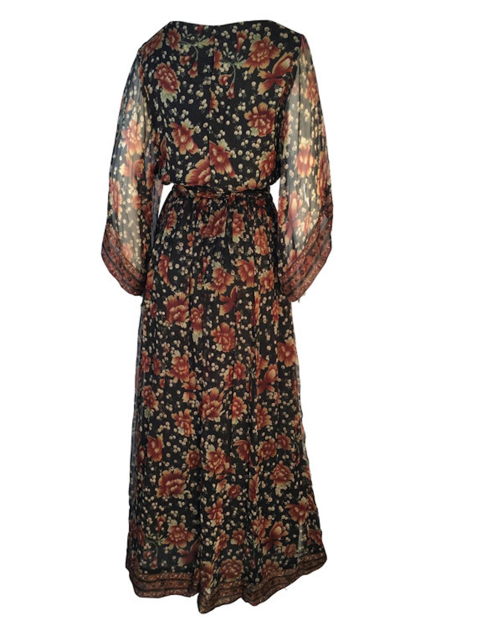 Black Vintage 1970s Treacy Lowe Indian Silk Chiffon Wide Sleeve Maxi Dress With Belt 