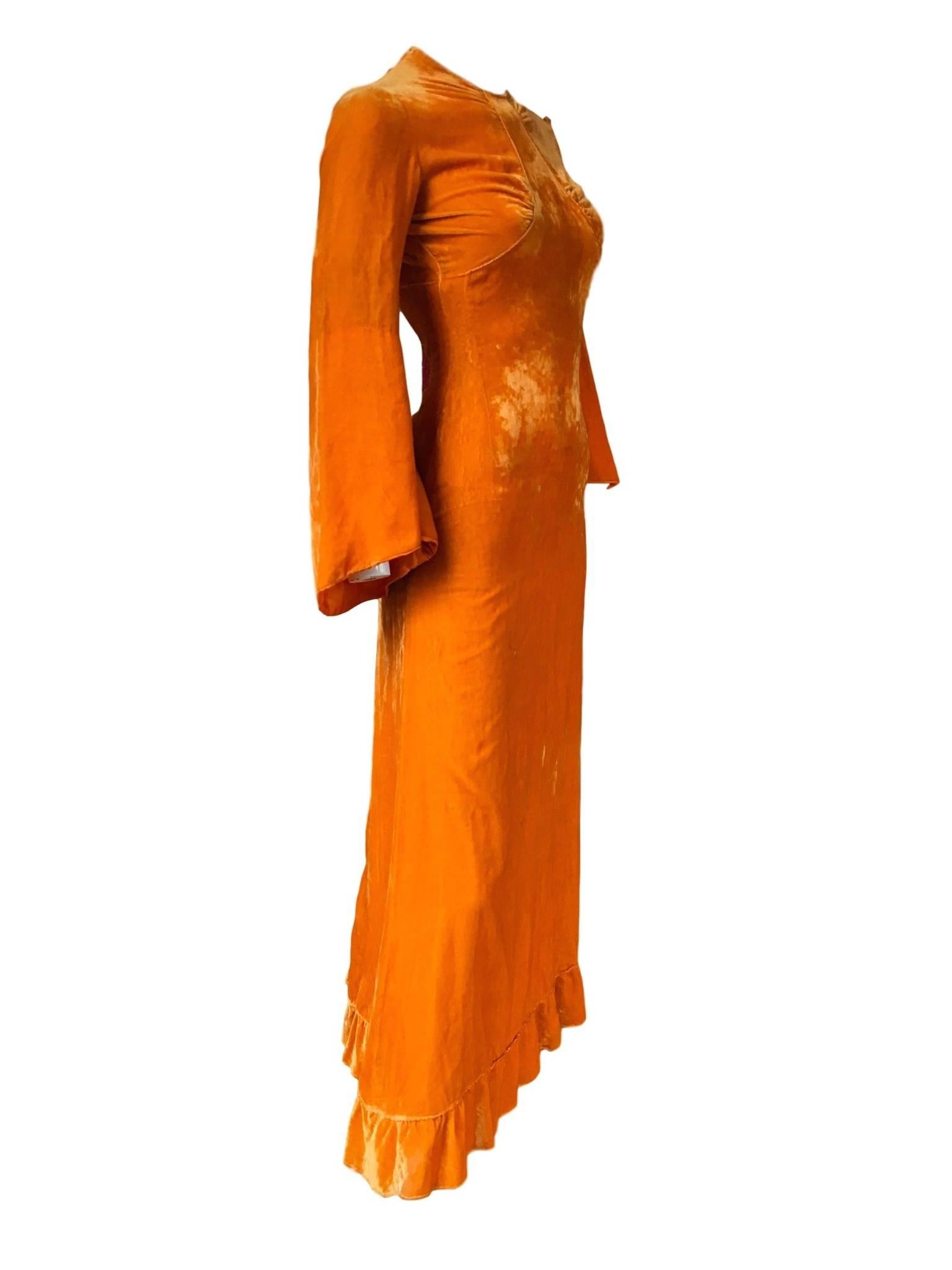 Red 1930s Orange Silk Velvet Bell Sleeve Dress Art Deco Vintage Original 6 XS