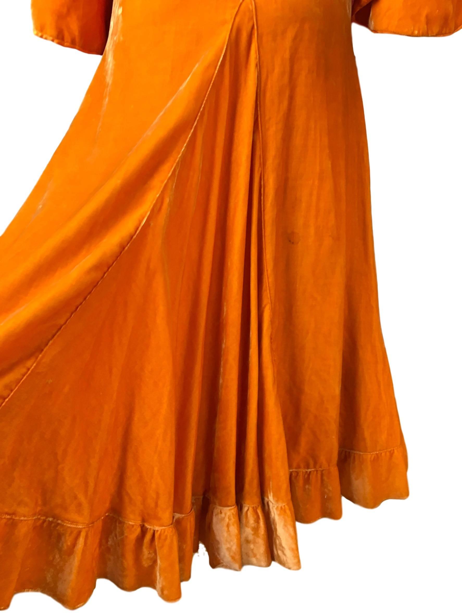 Women's 1930s Orange Silk Velvet Bell Sleeve Dress Art Deco Vintage Original 6 XS