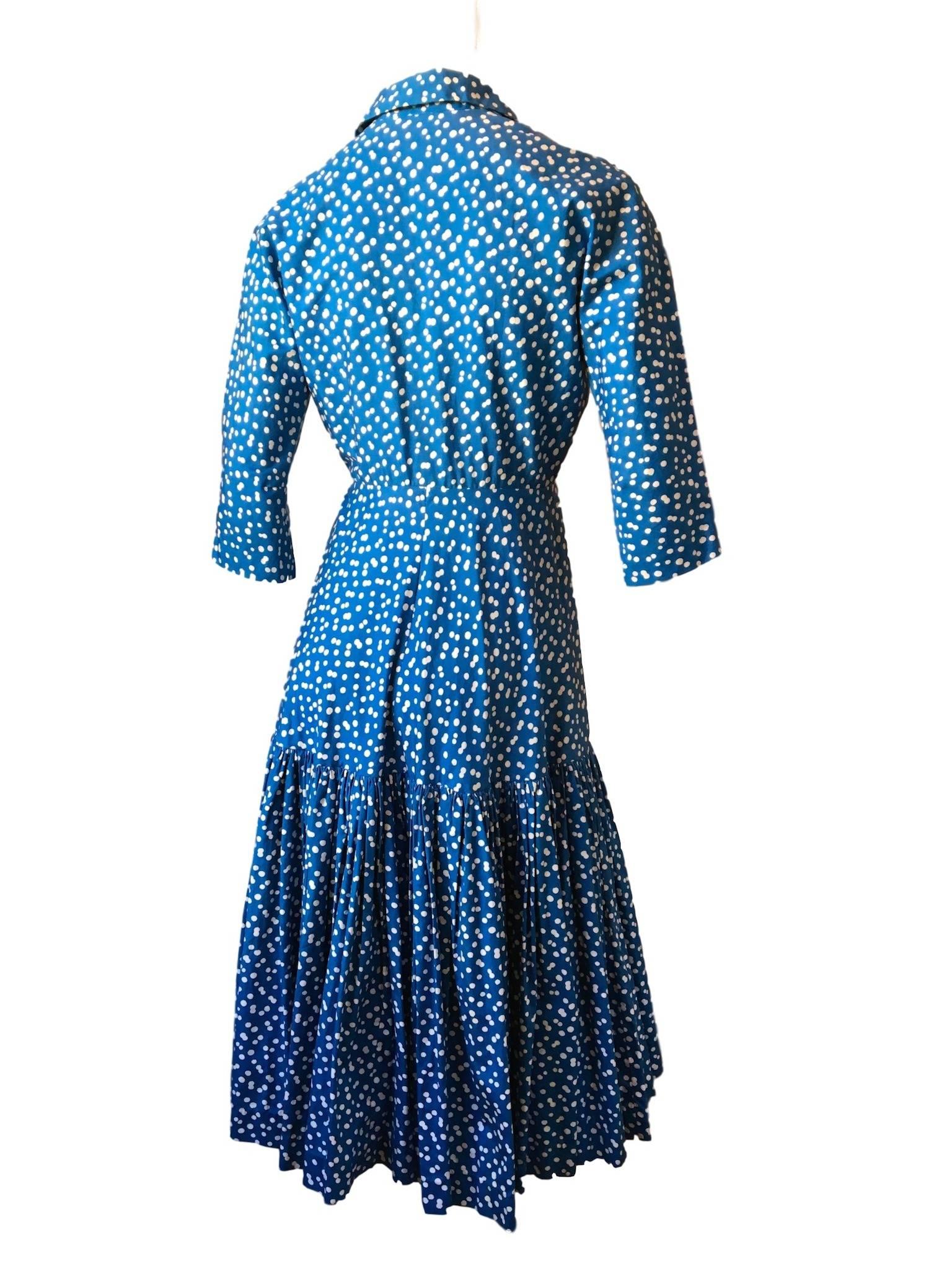 Horrockses Blue white Polka Dot Cotton 1950s Dropped Waist Dress  In Excellent Condition In Portsmouth, Hampshire