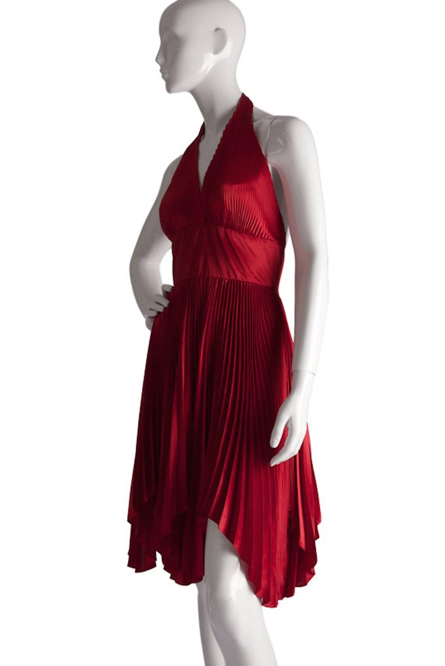 Vintage William Travilla Red Plunging Halter Pleated Dress  In Excellent Condition In Portsmouth, Hampshire