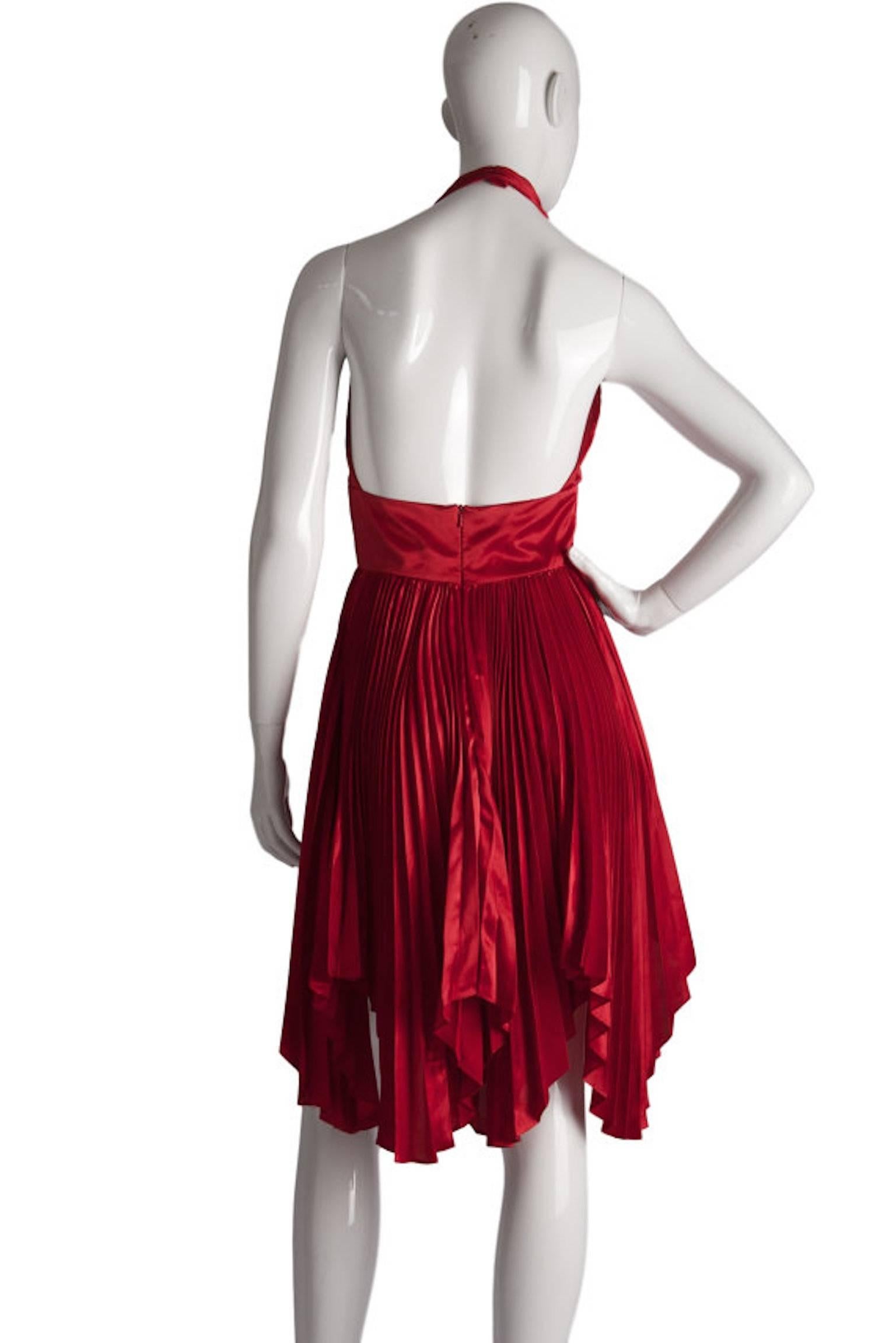 Women's Vintage William Travilla Red Plunging Halter Pleated Dress 
