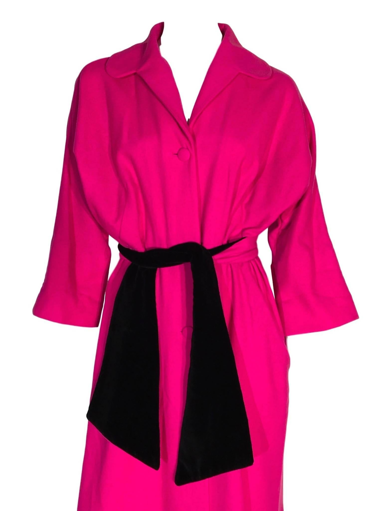 Red Vintage Pure Wool Wrap style Coat 1950s Pink Black Velvet Sash Kendal Milne UK For Sale