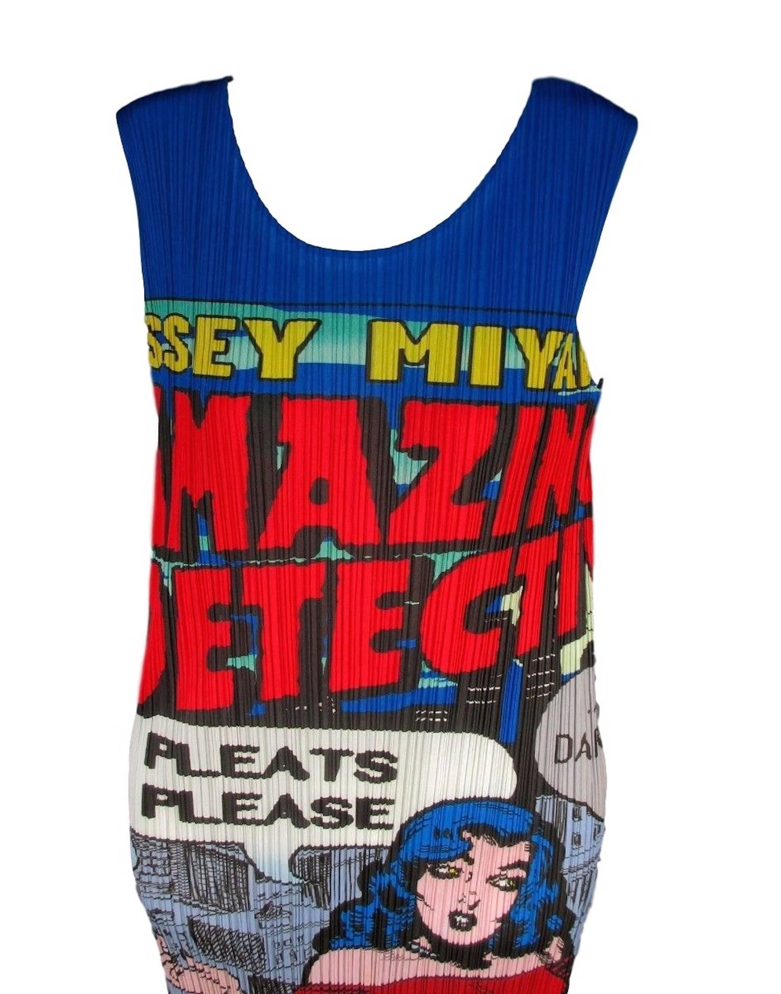 Issey Miyake Pleats Please Comic Book / Pop Art "Amazing Detective" print dress. Made from the micro pleated polyester used in all the pieces from this range, with ultra stretch. Mid to late 1990s.

In excellent condition.

Labelled a size