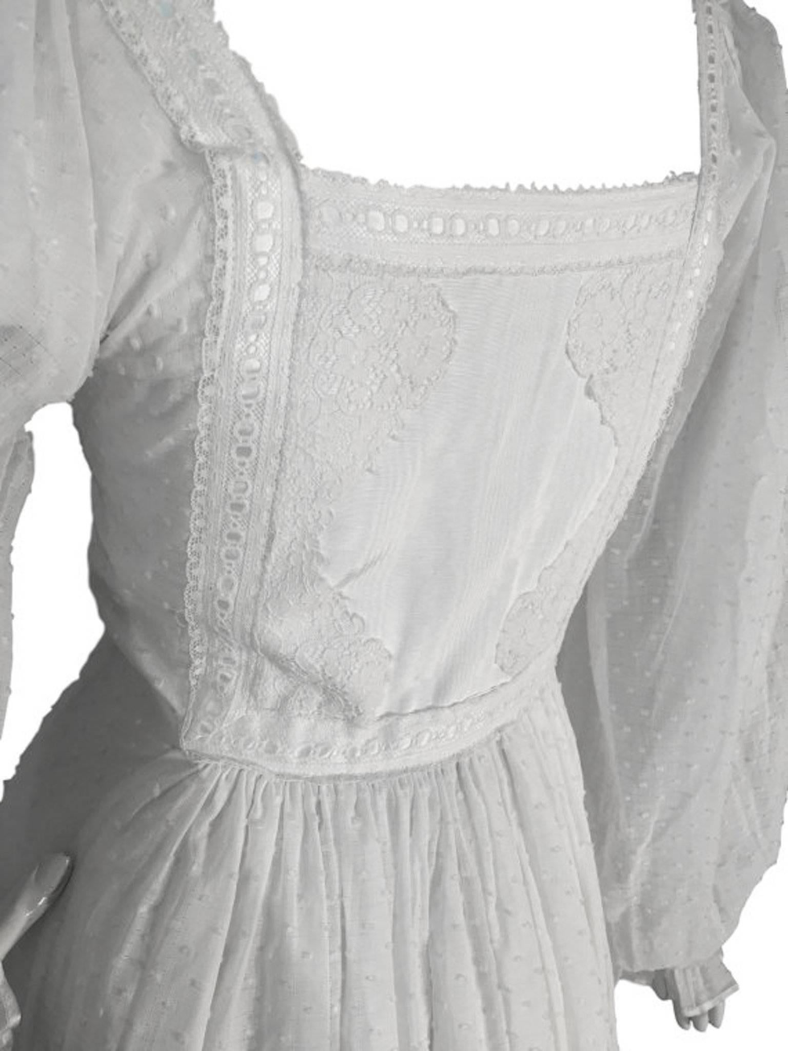 Gray 1970s Rumak Cotton Embroidered Polka Dot White Wedding Peasant Vintage Maxi Dres