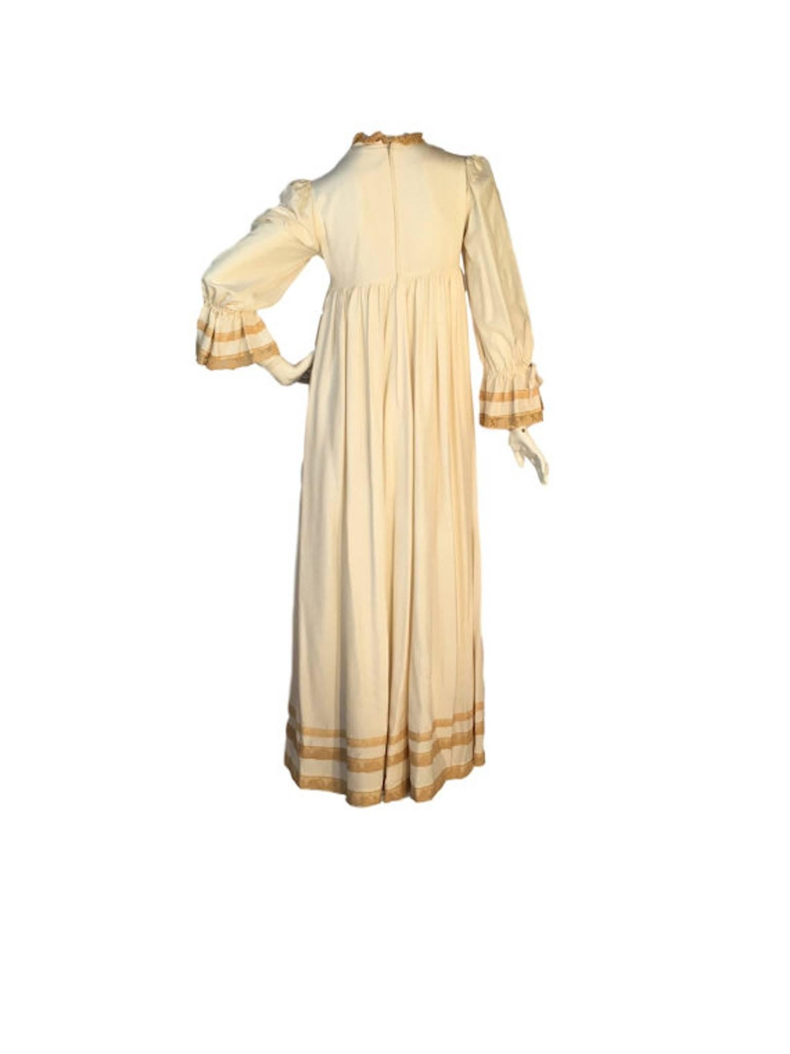Gina Fratini 1970's 100% cream silk wedding / maxi dress. With empire bust and lace trim on collar and cuffs.

Size UK 8, measuring 17 inches across bust 14 inches across shoulders 56 inches length 

Very good condition, there is a very small mark
