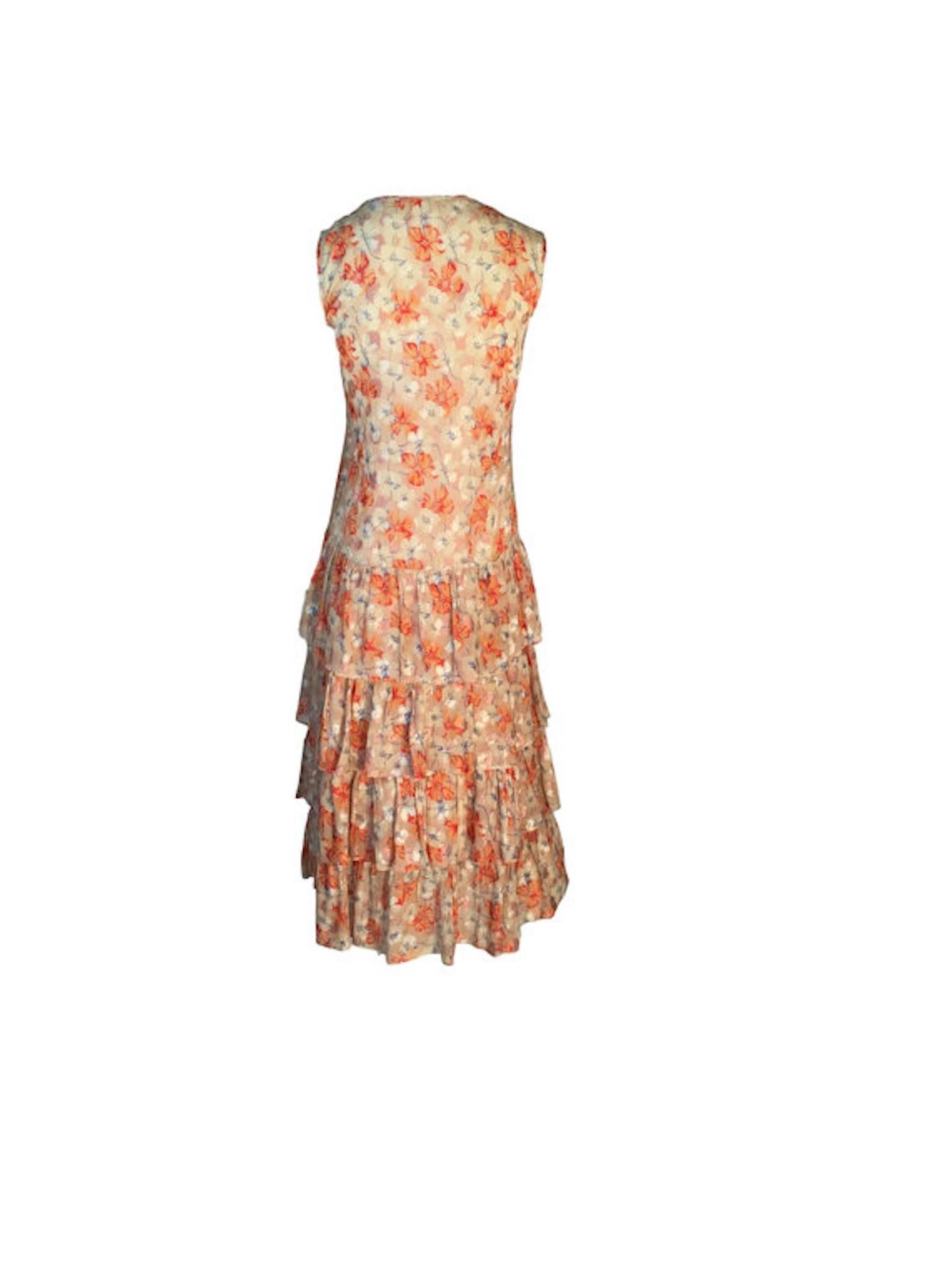 Brown Art Deco 1930s Cotton Embroidered & Floral Print Dress Tiered Dropped Waist UK  For Sale