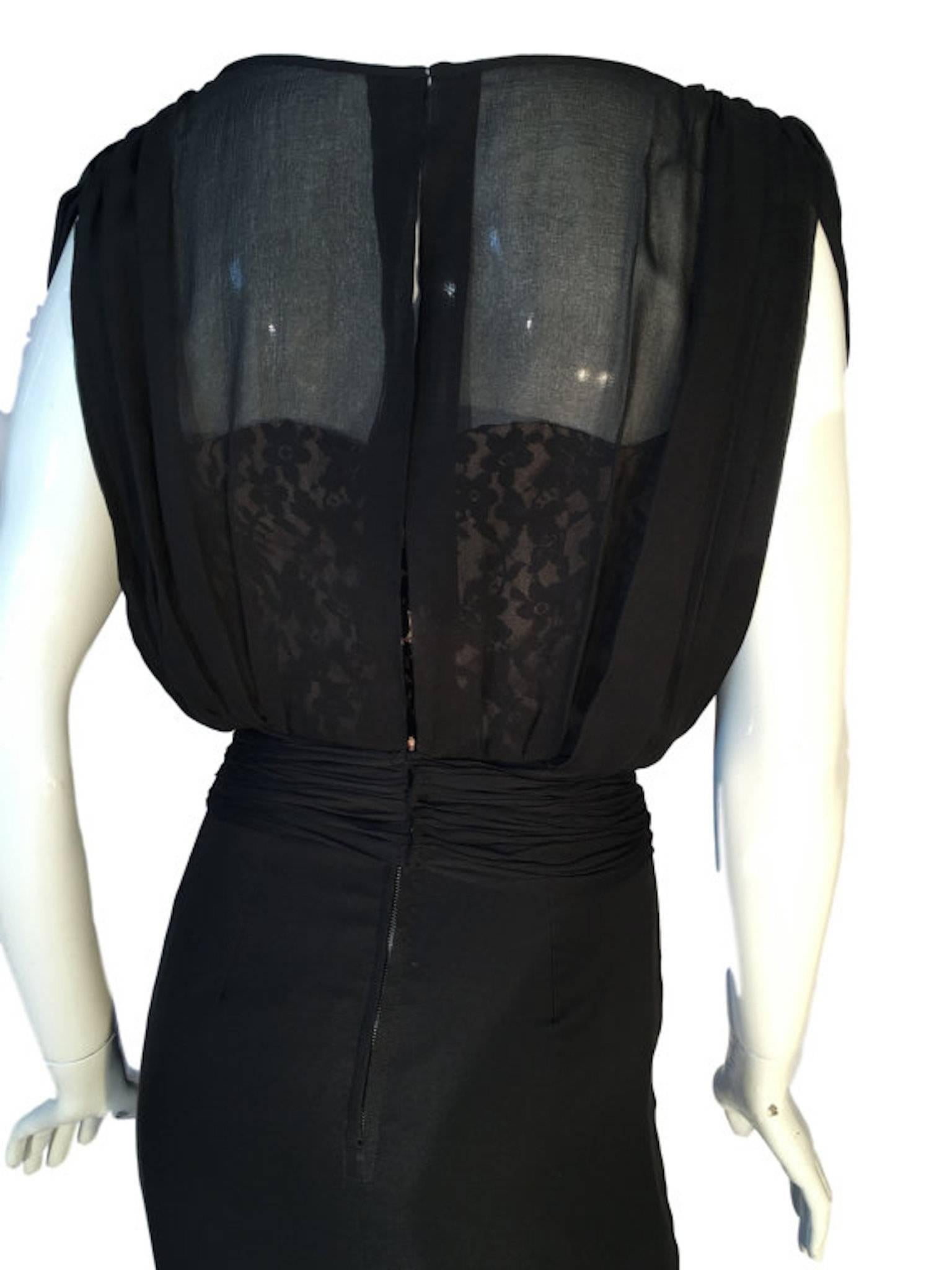 Women's Vintage Hardy Amies Boutique 1960s Black Silk Chiffon Lace Wiggle Cocktail Dress