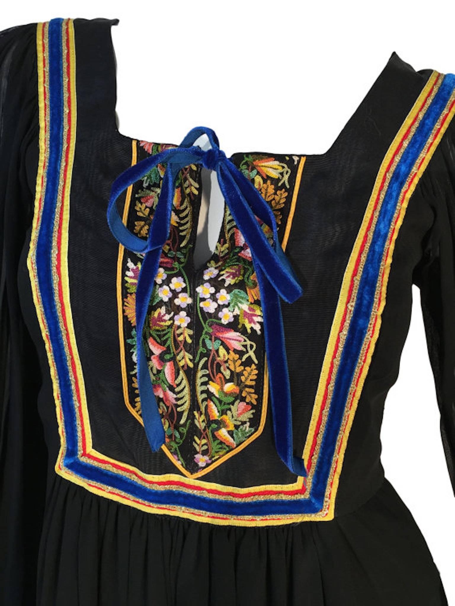Women's Rumak & Sample Peasant Folk Embroidered Black Maxi Chiffon 1970s Vintage Dress S For Sale