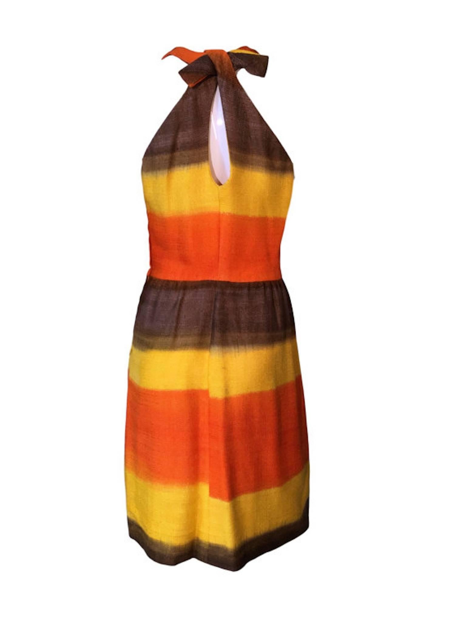 Vintage 1960s Woven Cotton Sunset Colours Shift Dress Size UK 8 In Excellent Condition For Sale In Portsmouth, Hampshire
