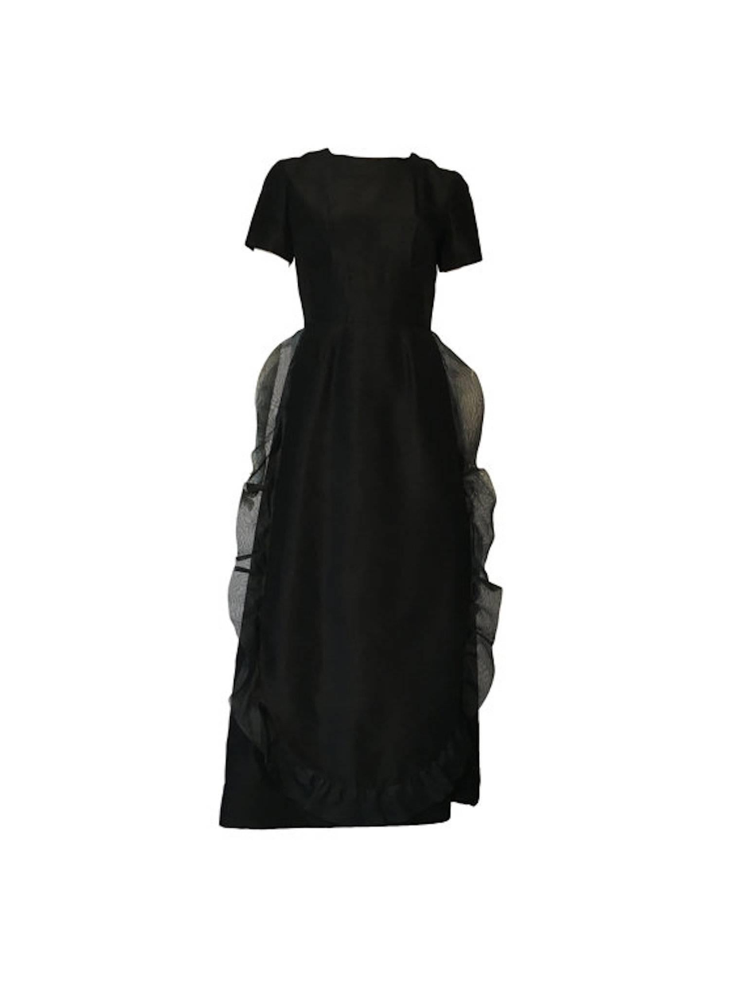 Women's Unlabelled Black Silk Woven Vintage 1960s Panel Trim Hand Finished Evening Dress For Sale