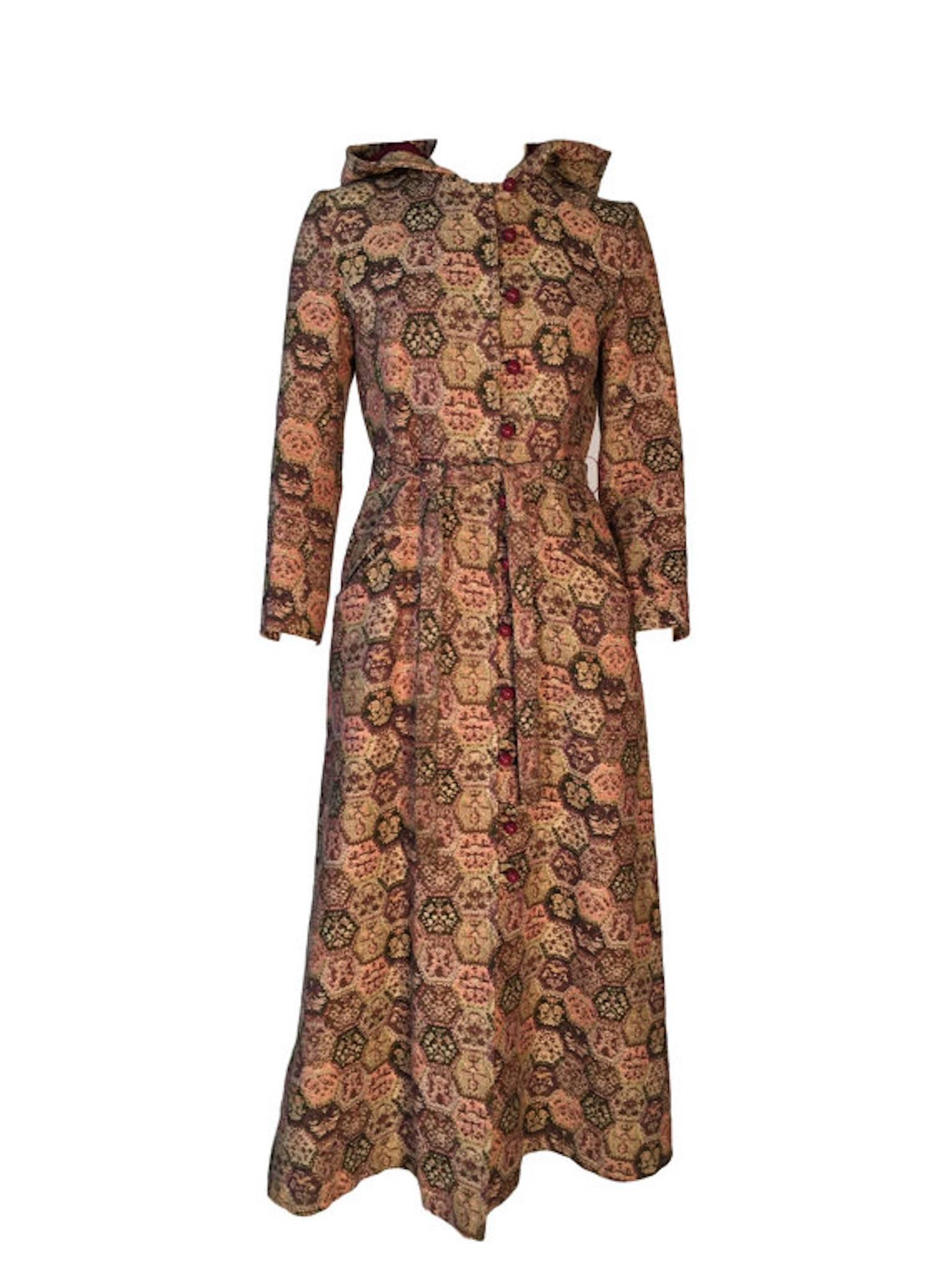 Brown Vintage 1970s Tapestry Coat Maxi Length Hooded With Belt UK 8 For Sale