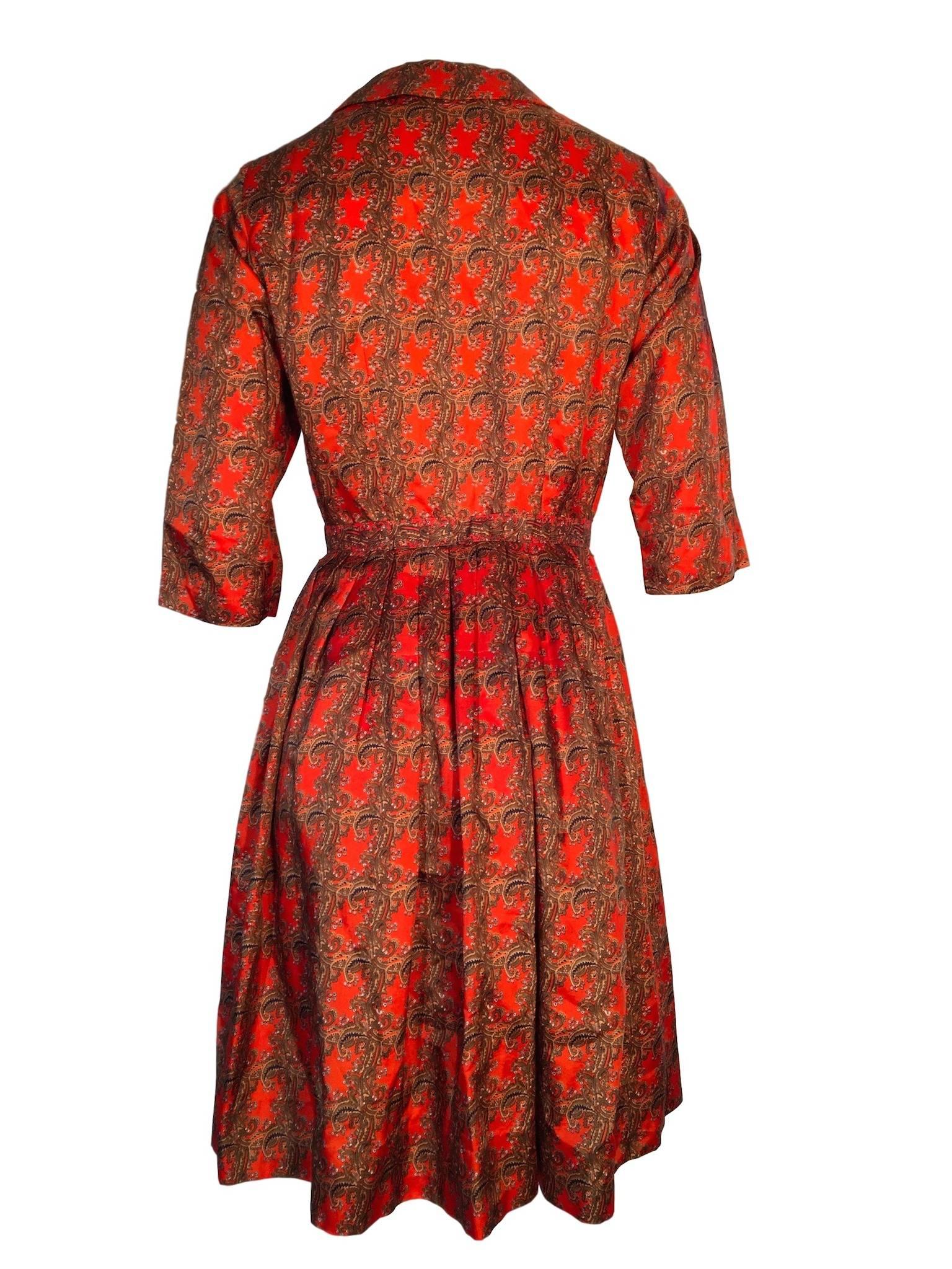Vintage Julius Tricel Paisley Orange Fit & Flare 1960s Dress 10 In Excellent Condition In Portsmouth, Hampshire