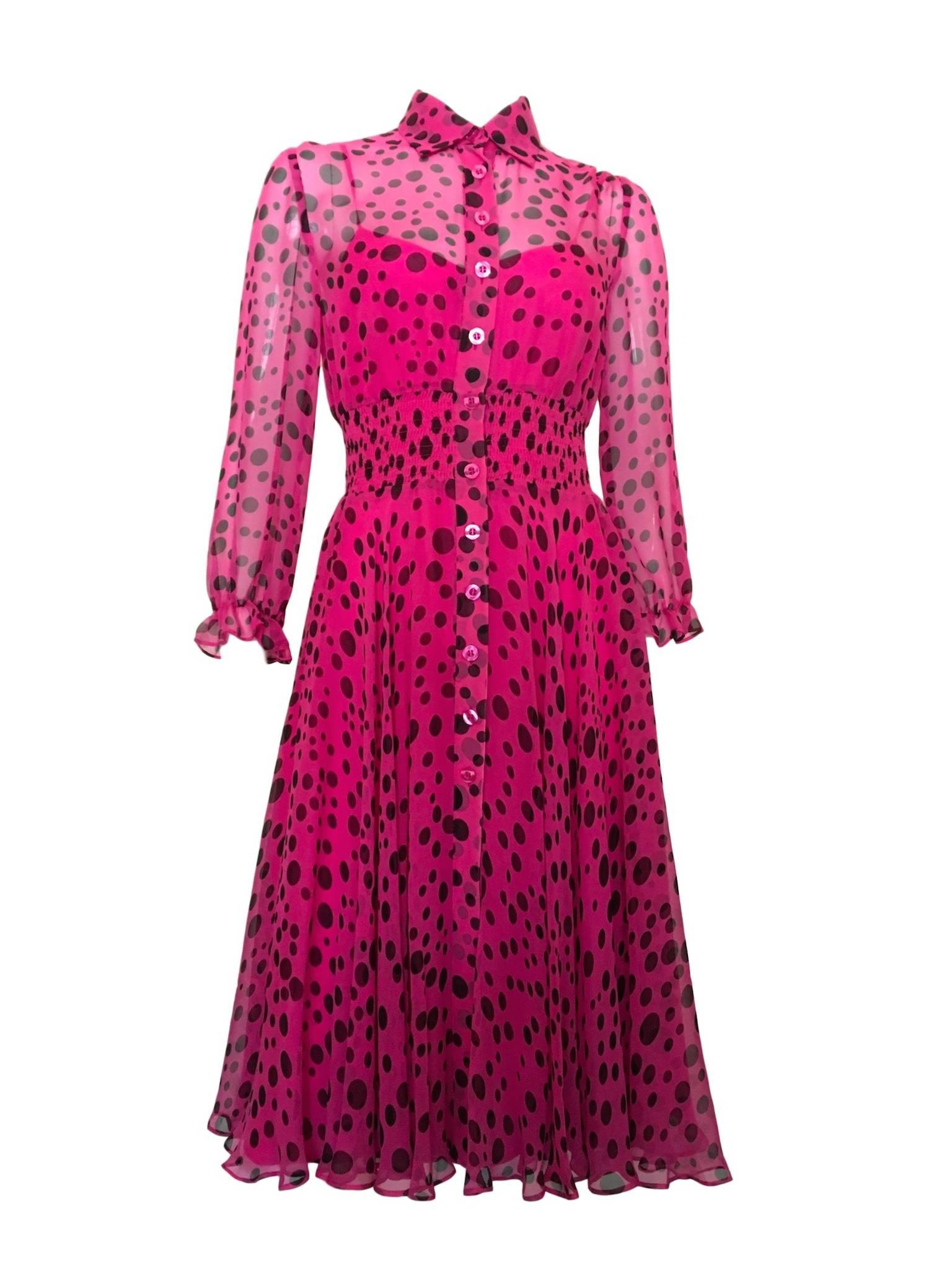 Red Vintage 1970s 100% Silk Pink & Black Polka Dot Midi Dress After Six 10