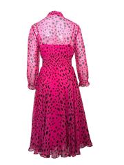 Vintage 1970s 100% Silk Pink & Black Polka Dot Midi Dress After Six 10