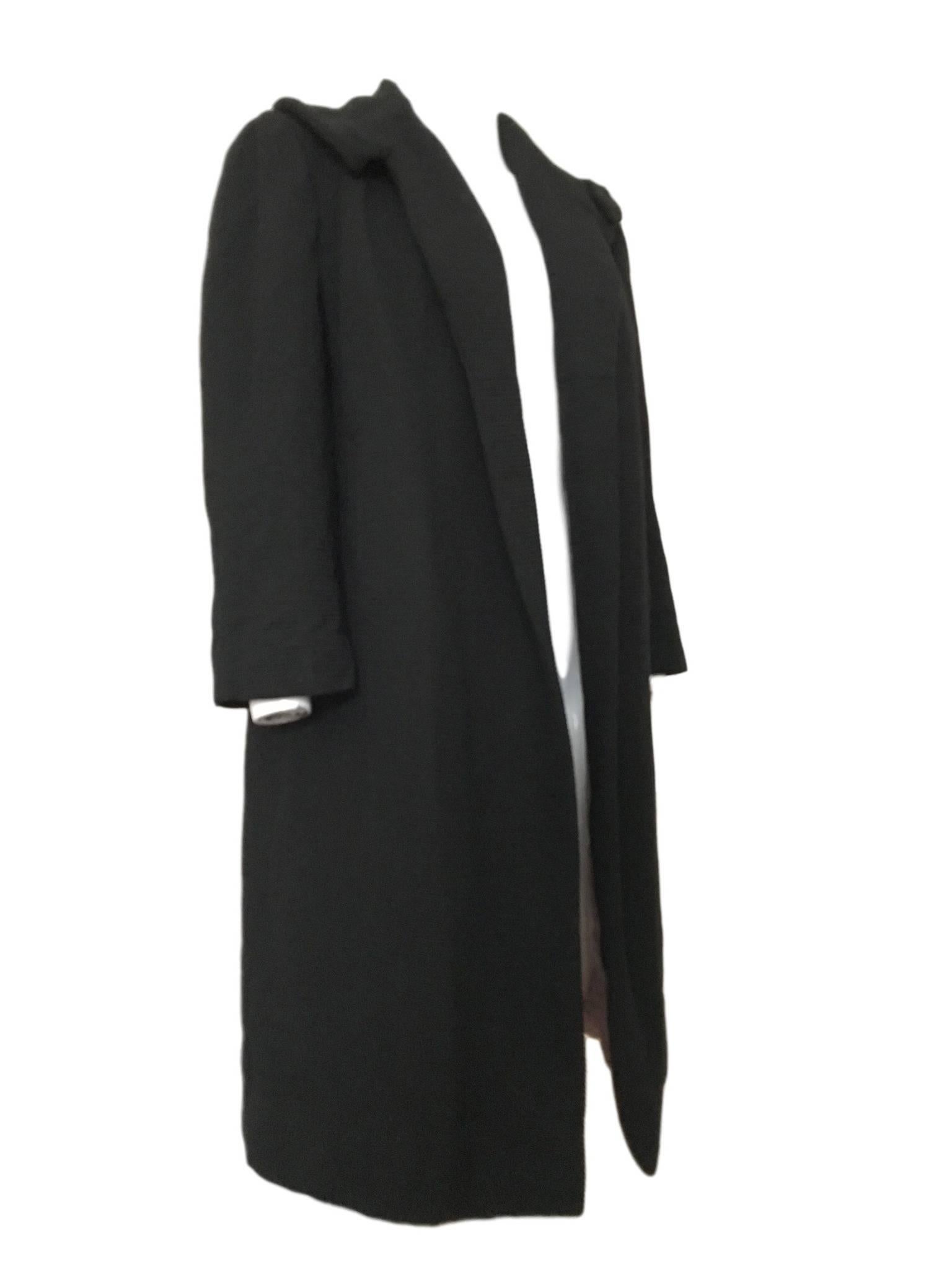 Vintage 1950s Black Obélisque Black Open Duster Coat Corded Wool French  In Good Condition In Portsmouth, Hampshire
