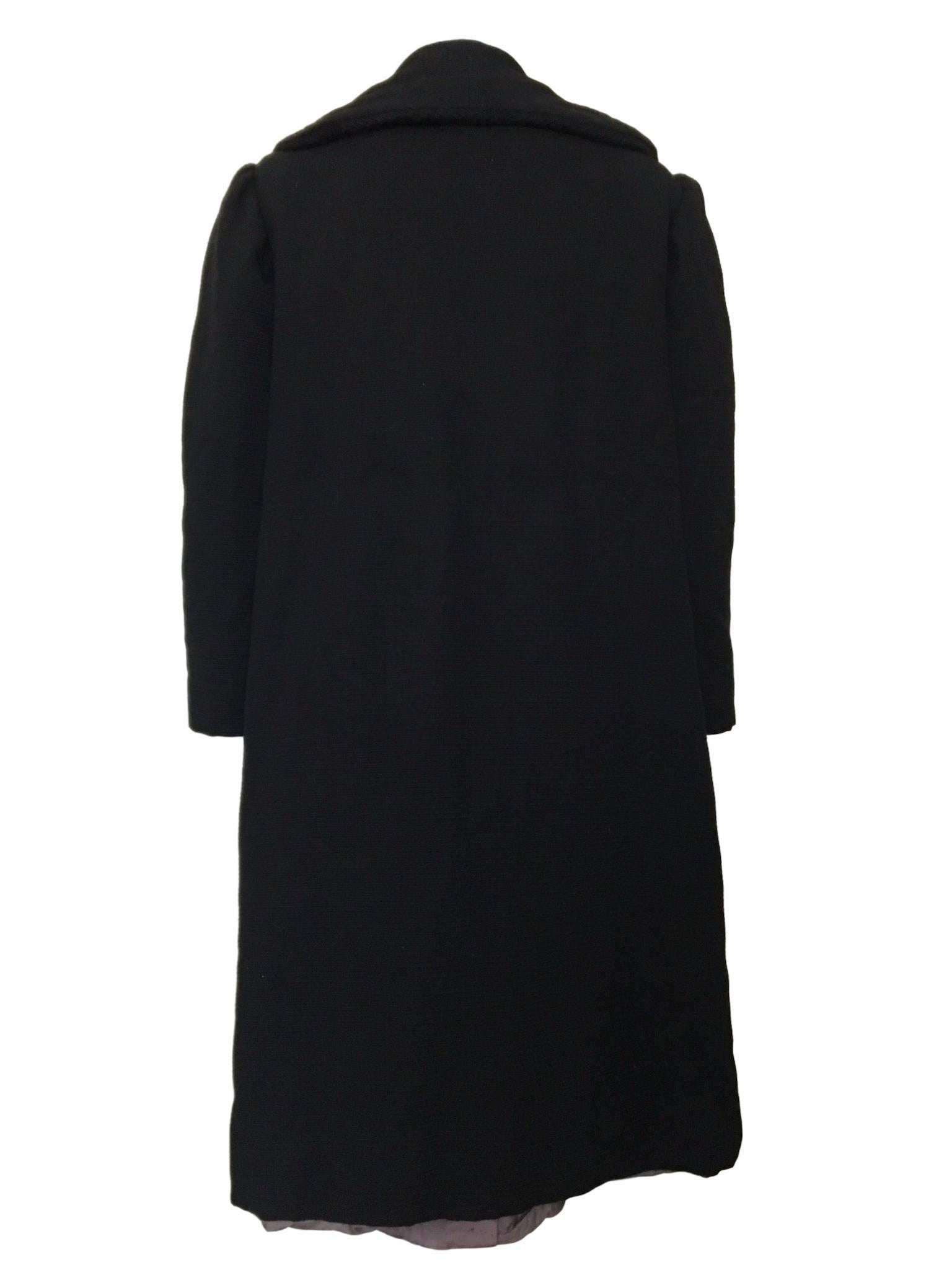 Women's Vintage 1950s Black Obélisque Black Open Duster Coat Corded Wool French 