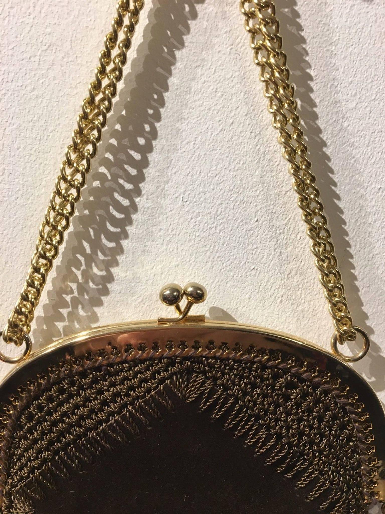 Black Vintage Brown Suede Leather Crochet Italy 1960s Gold Chain Bag Handbag Purse Mod