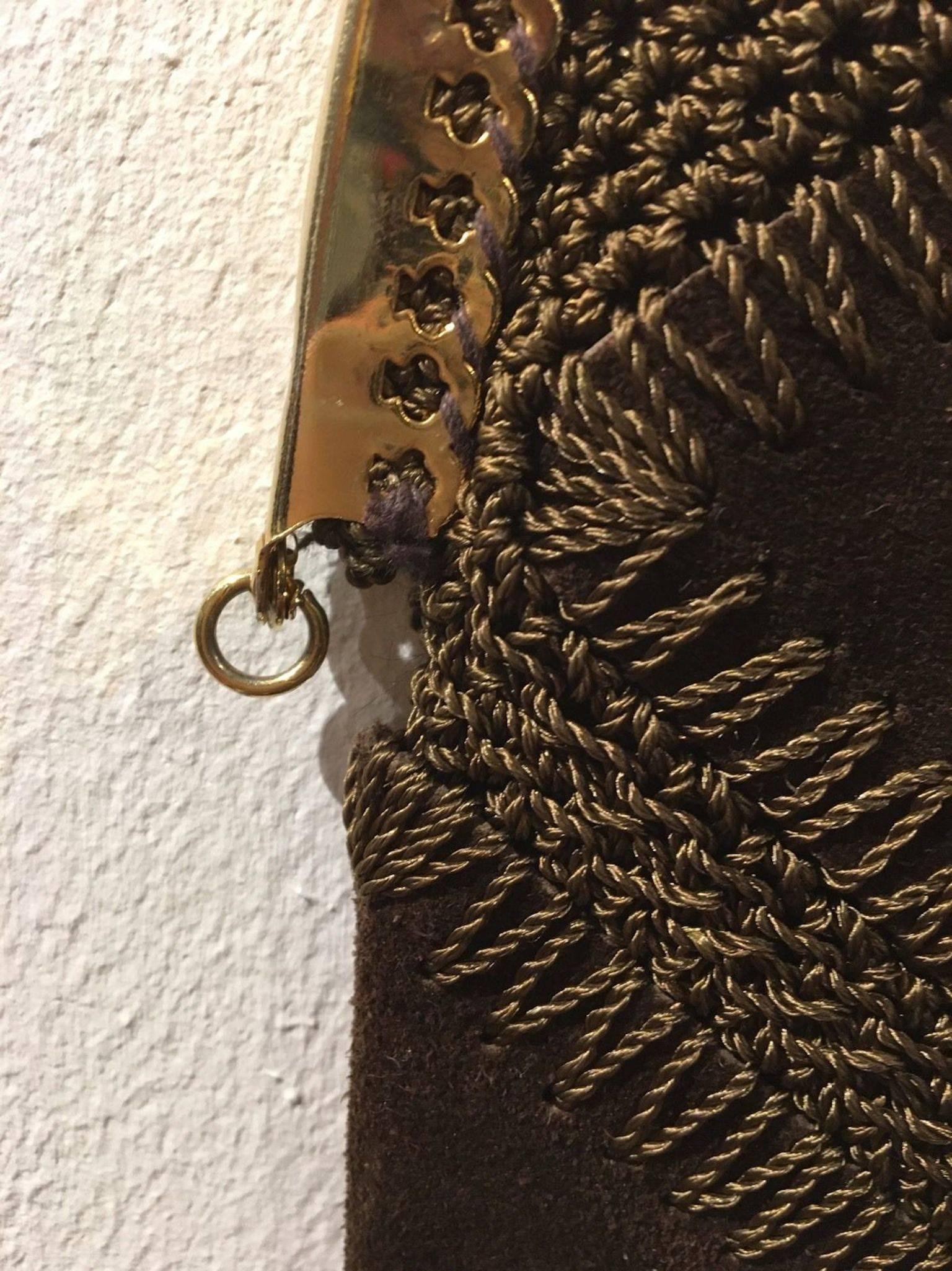 Women's or Men's Vintage Brown Suede Leather Crochet Italy 1960s Gold Chain Bag Handbag Purse Mod