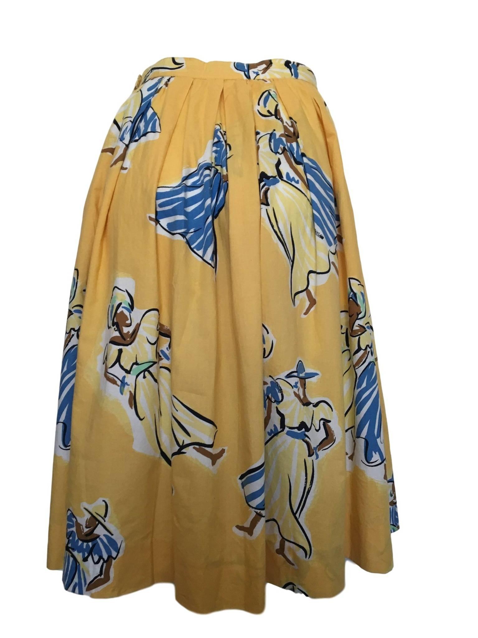 Vintage Gerard Darel novelty print cotton skirt, 1980s era, with African ladies wearing long dresses, hats and turbans on a bright sunshine yellow background. Fastens with buttons on waist.

Measures 14 inches across waist band and 27 inches length.